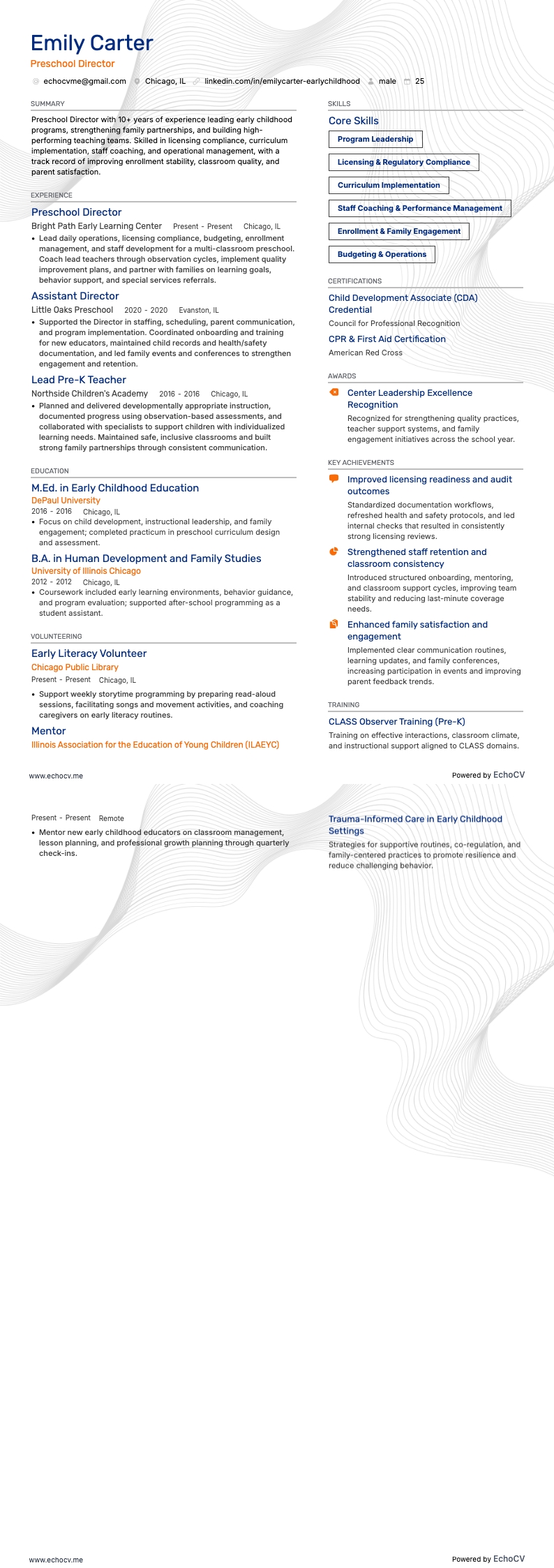 Preschool Director resume example