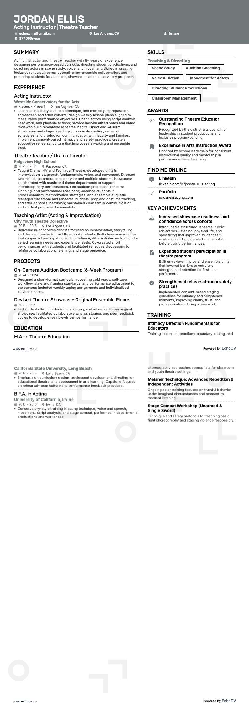 演劇教師 resume example