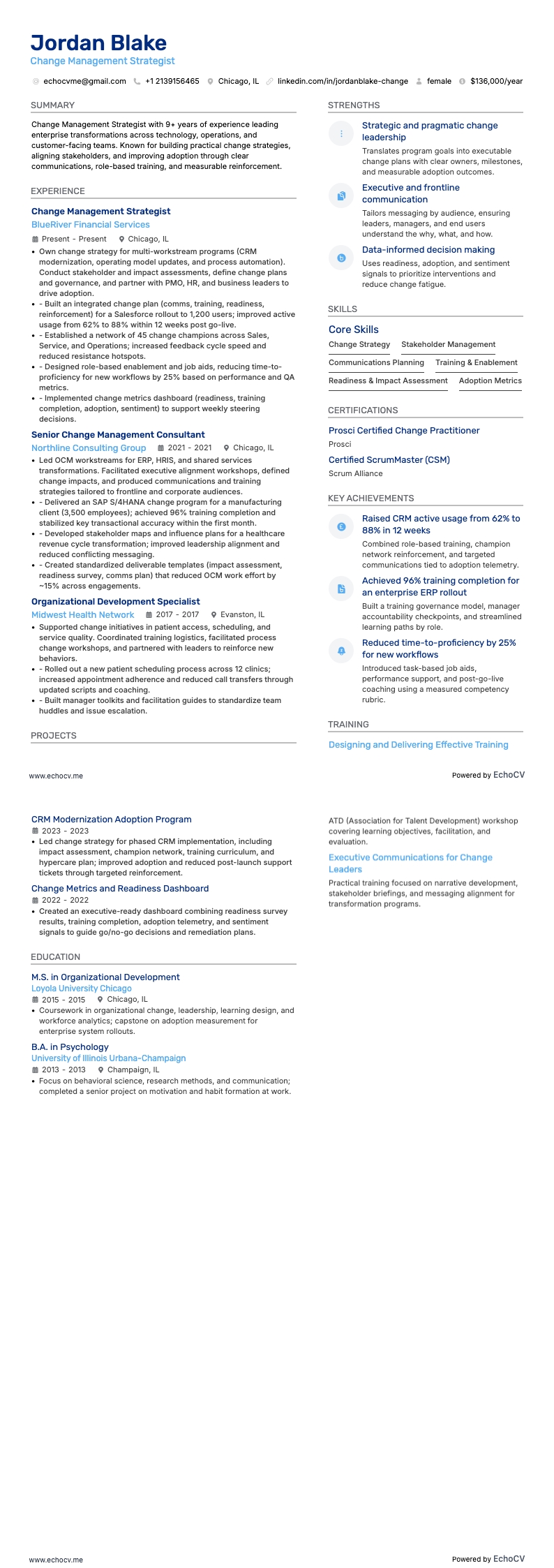 Change Management Strategist example resume
