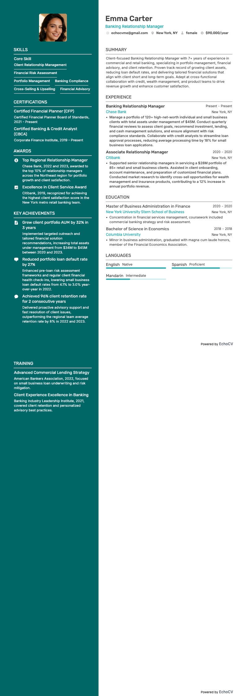 Banking Relationship Manager example resume