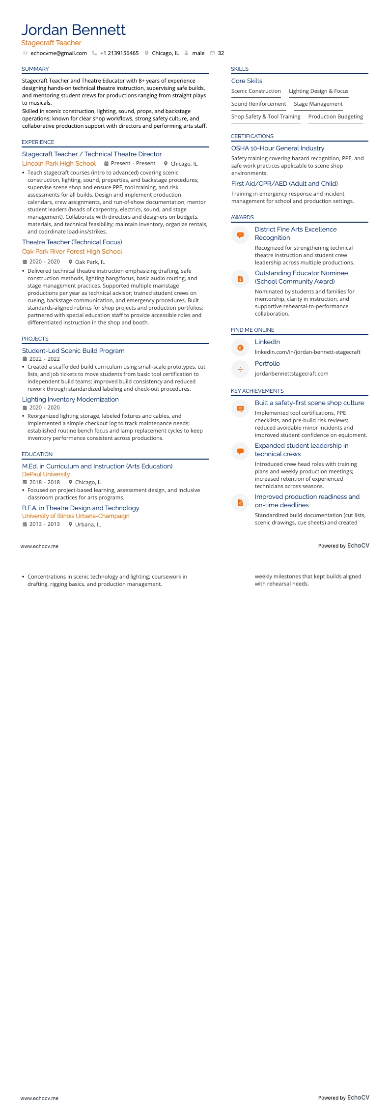 Giáo viên kỹ thuật sân khấu example resume