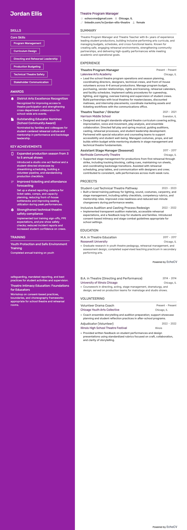 Giáo viên kịch nghệ resume example