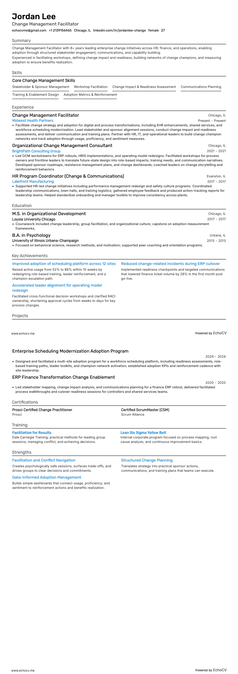 Change Management Facilitator example resume