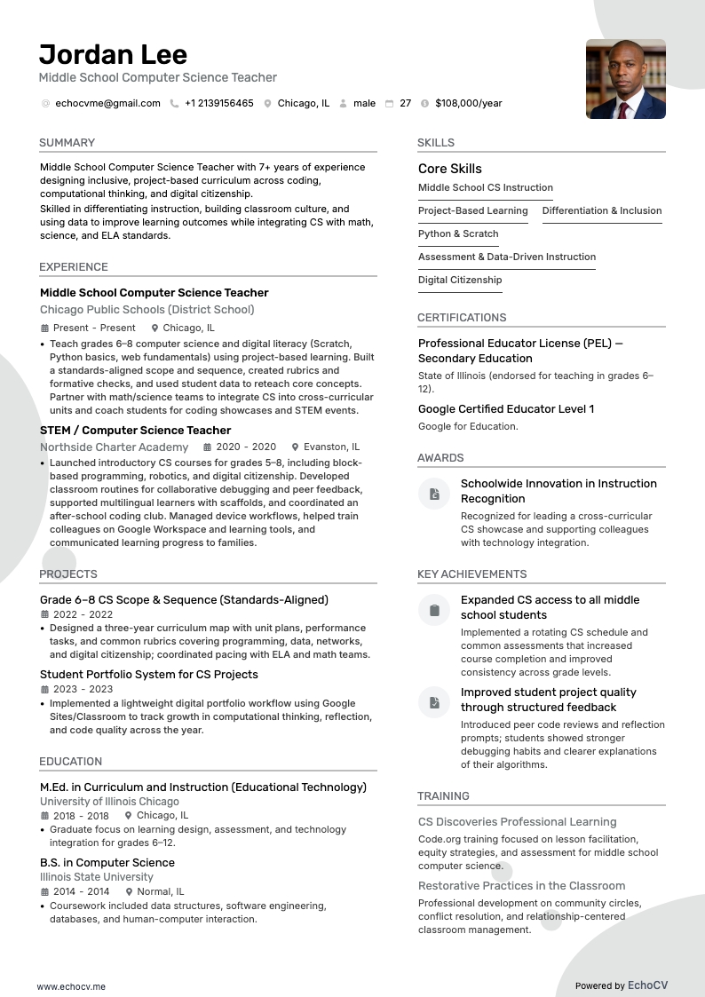 Giáo viên khoa học máy tính trung học cơ sở example resume