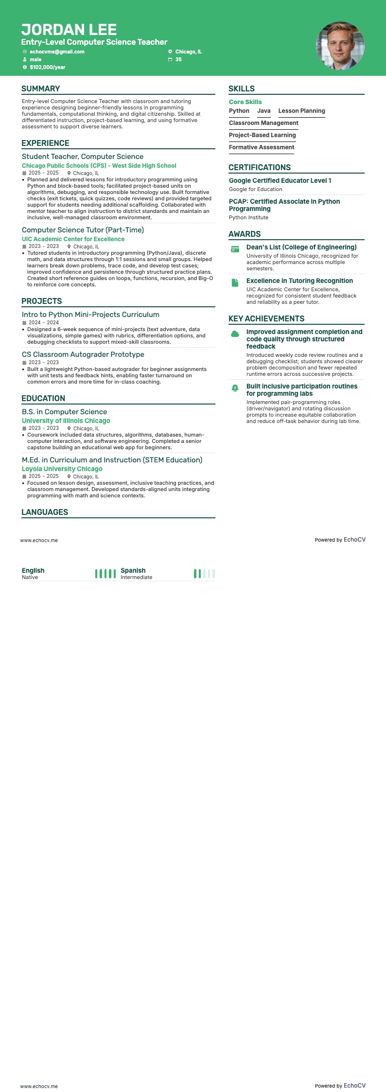 Giáo viên khoa học máy tính resume example