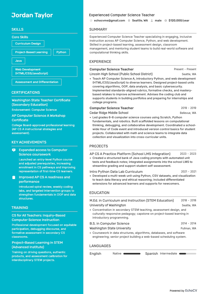 Giáo viên khoa học máy tính giàu kinh nghiệm example resume