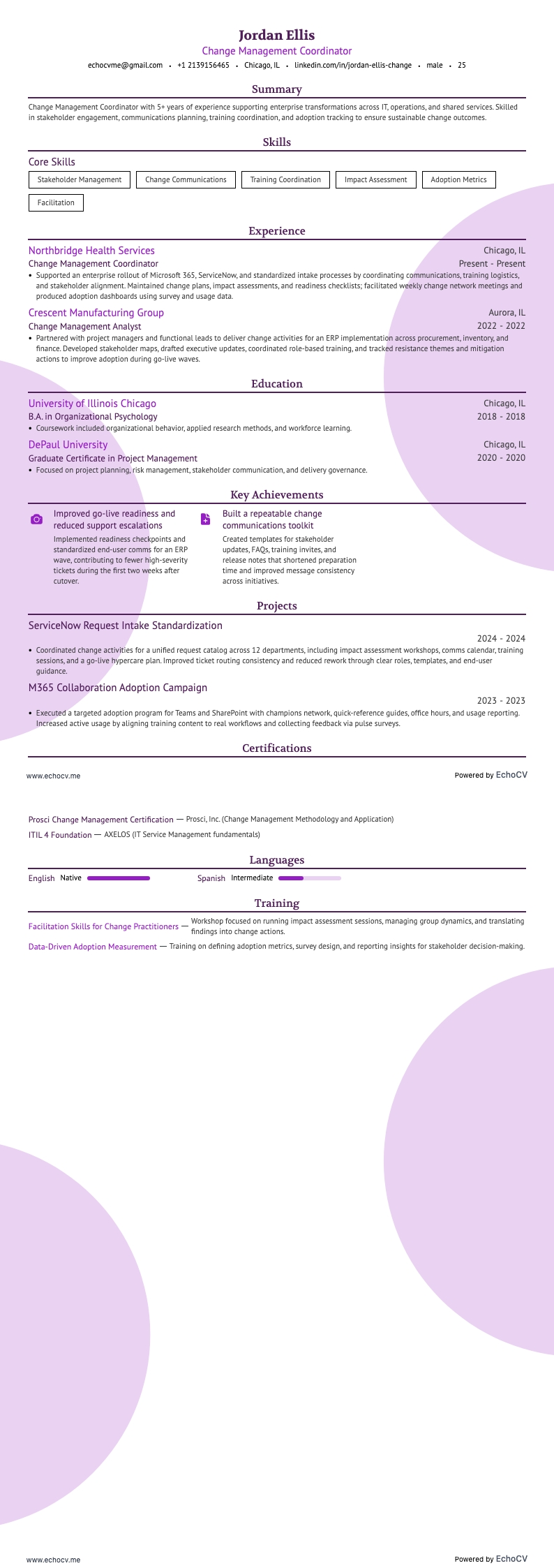 Change Management Coordinator example resume