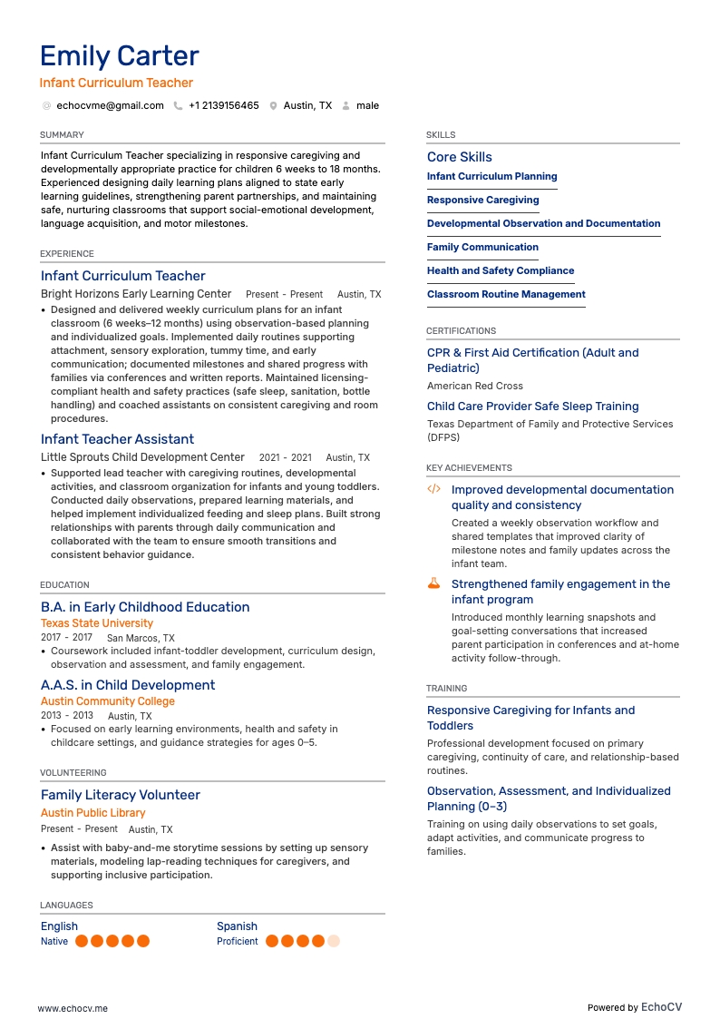 Enseignant en curriculum pour nourrissons example resume