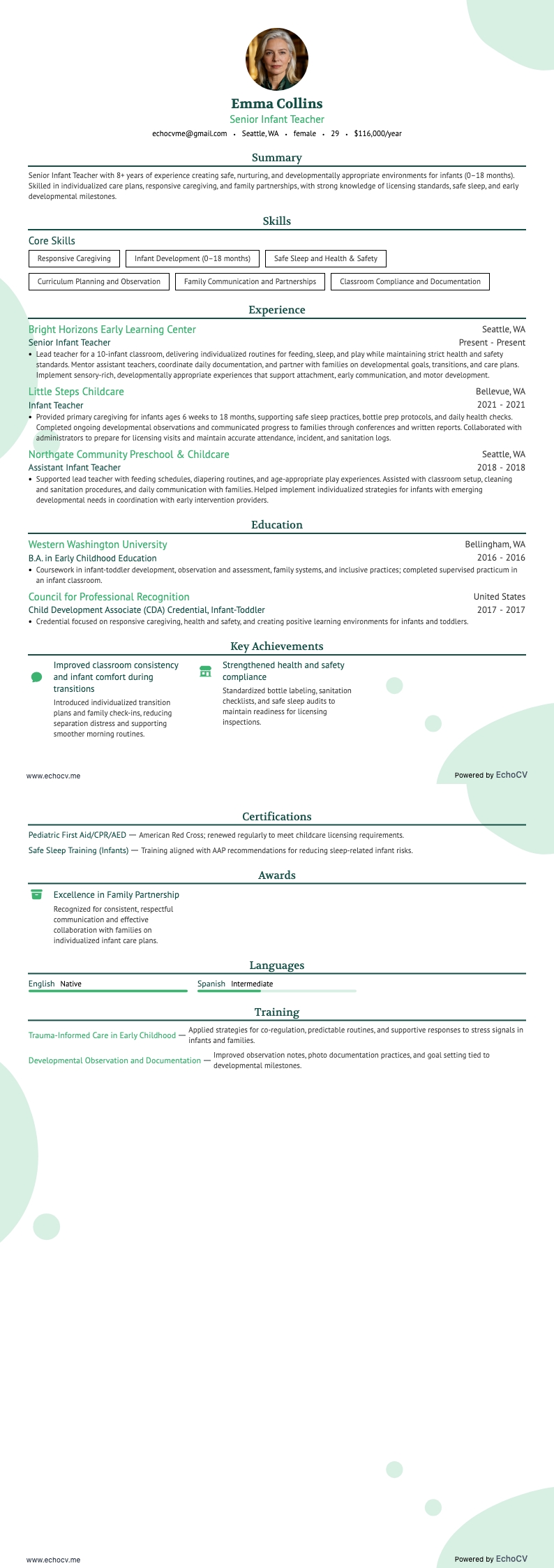 Enseignant senior pour nourrissons example resume