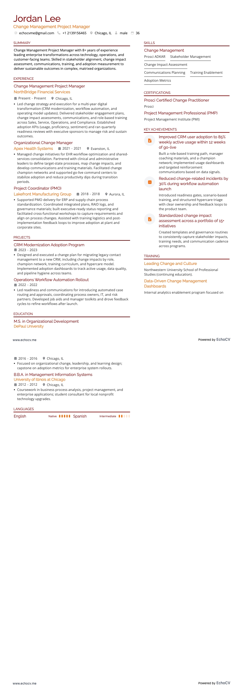 Change Management Project Manager example resume