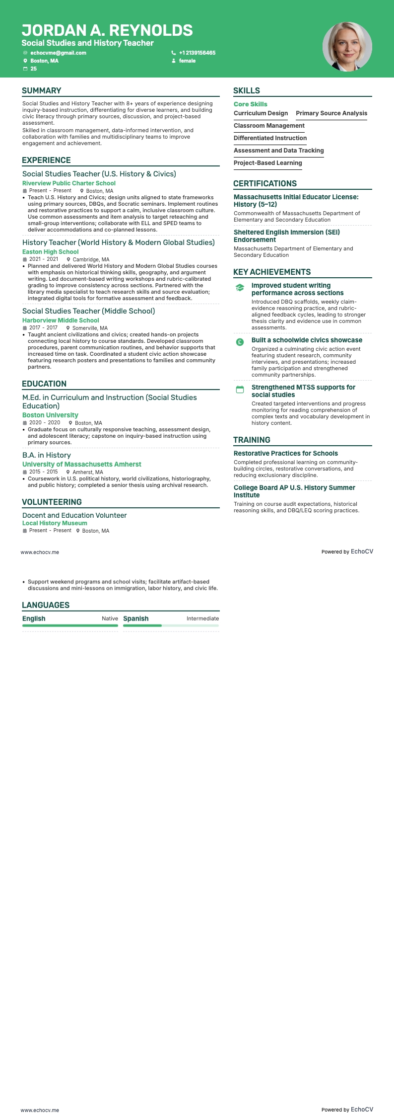 Insegnante di storia resume example