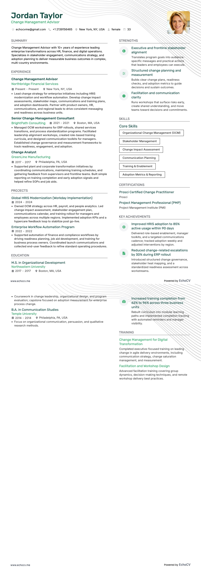 Change Management Advisor example resume