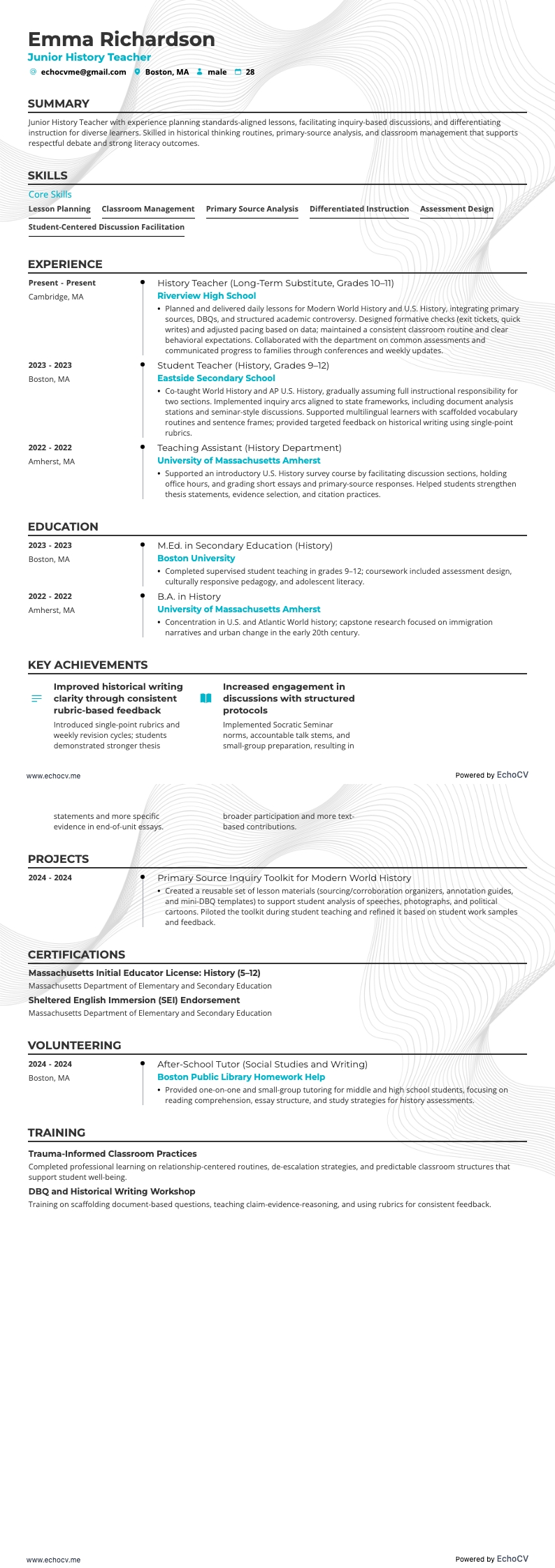 歷史教師 resume example