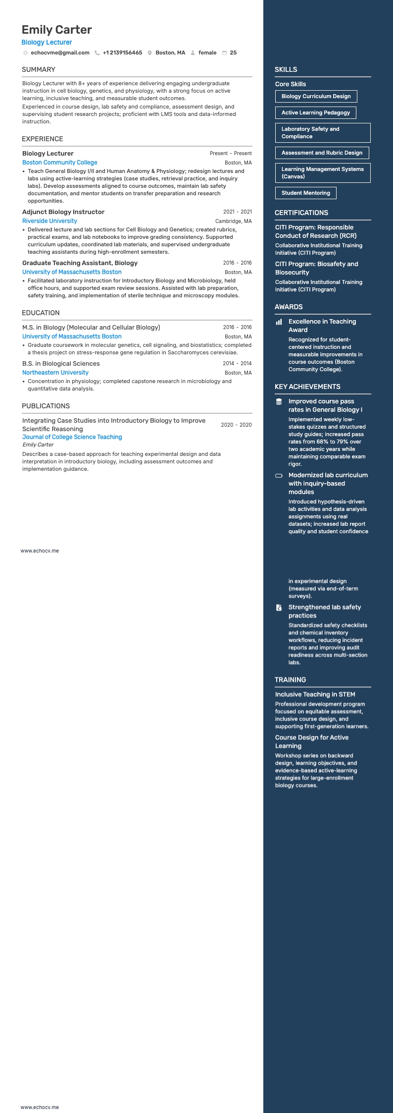 Maître de conférences en biologie example resume