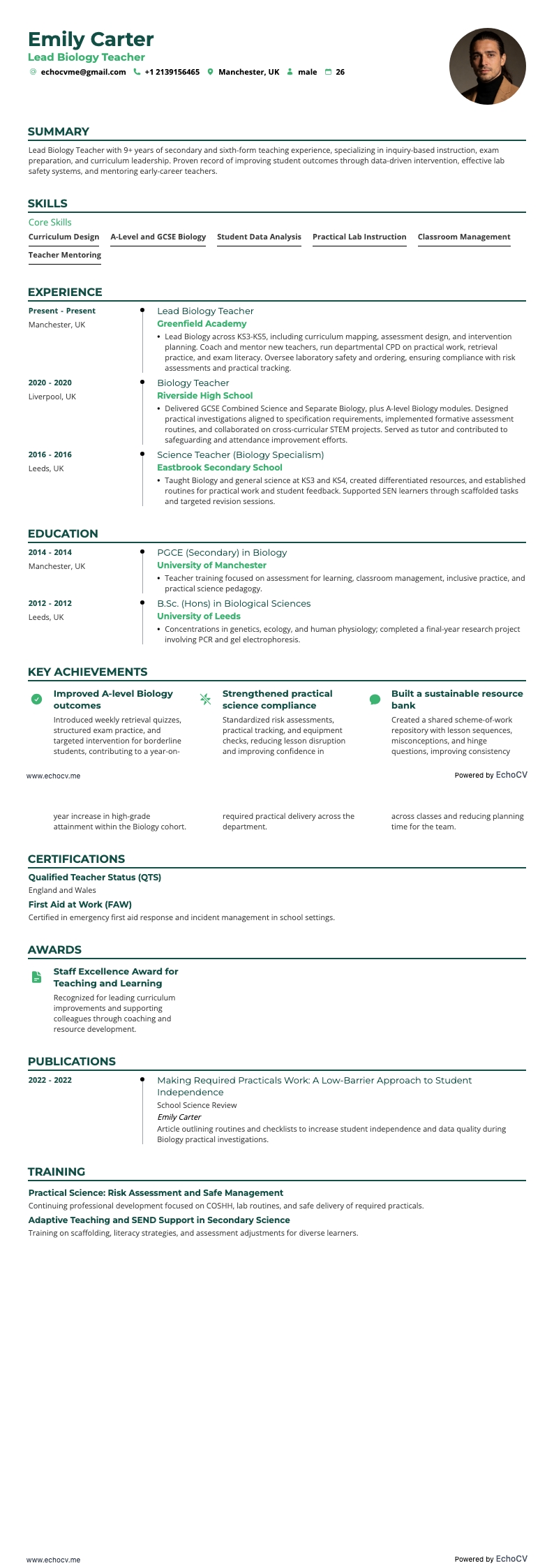 Aperçu complet de Professeur principal de biologie