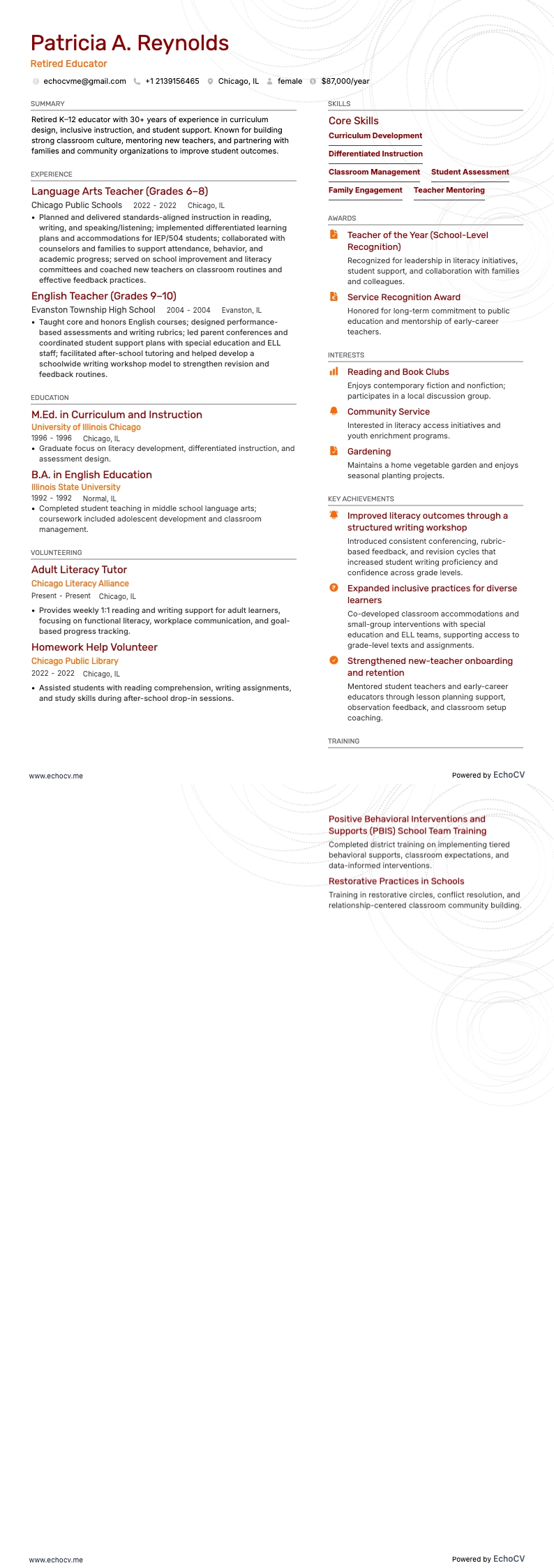 退職した教育者 example resume