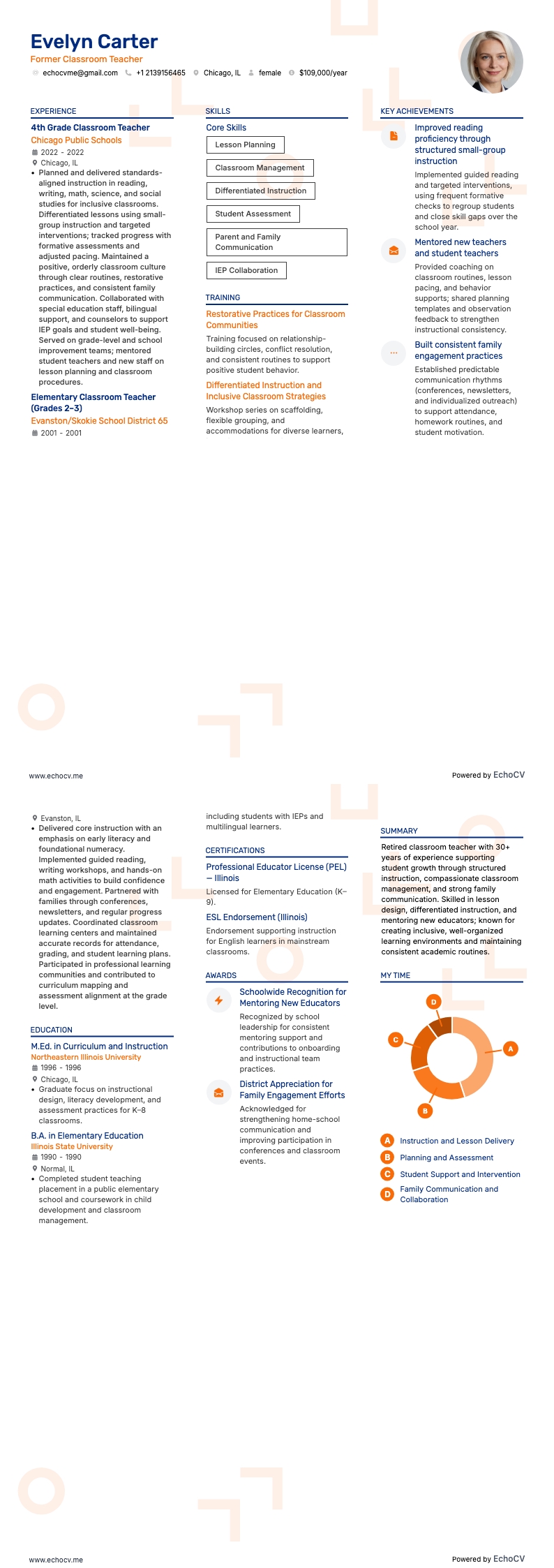 元学級担任教師 example resume