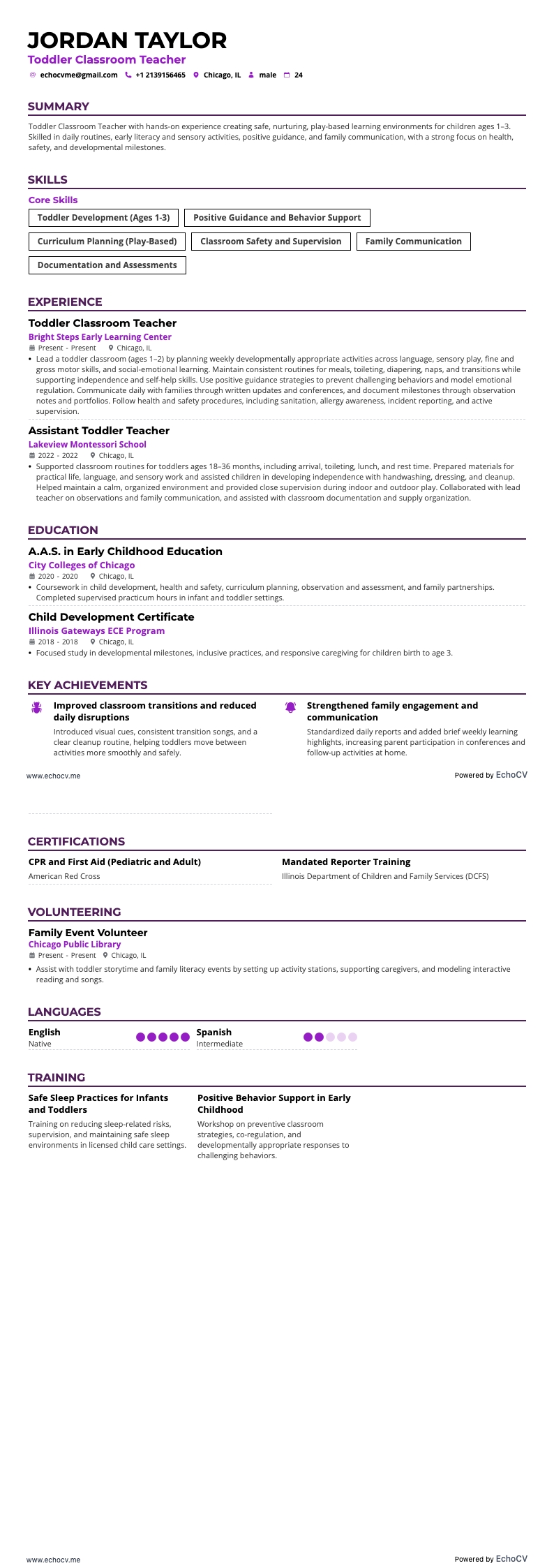 Giáo viên lớp trẻ nhỏ example resume