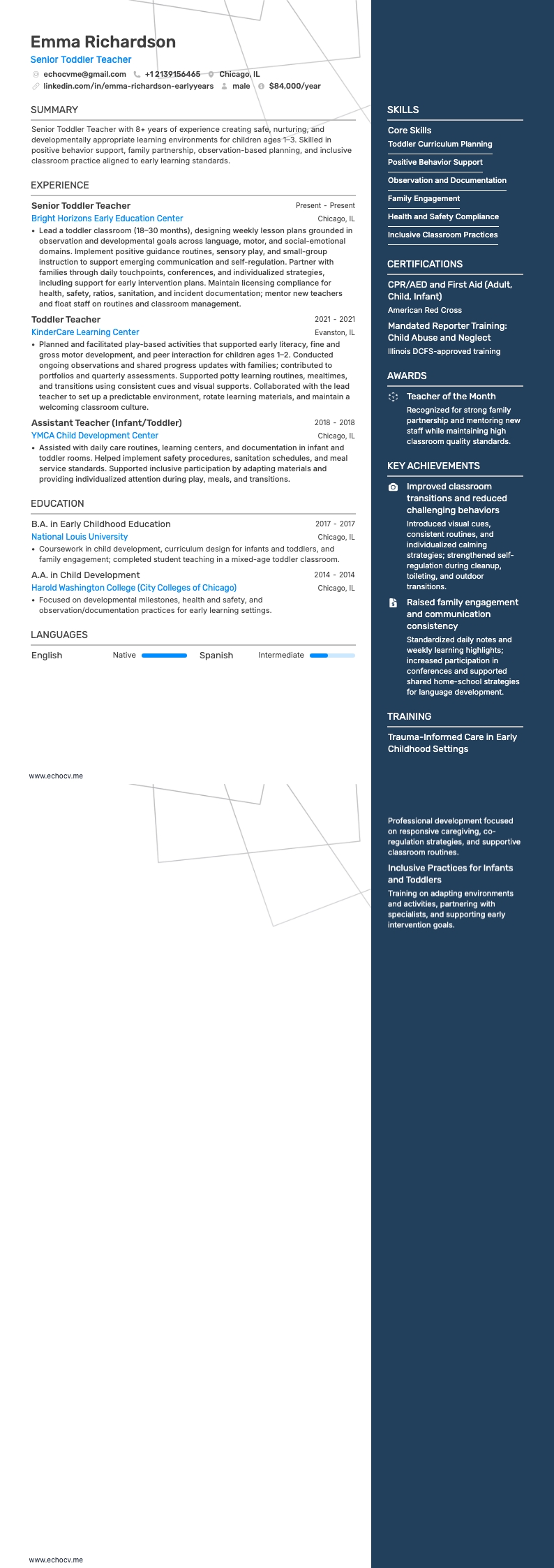 Giáo viên trẻ nhỏ resume example