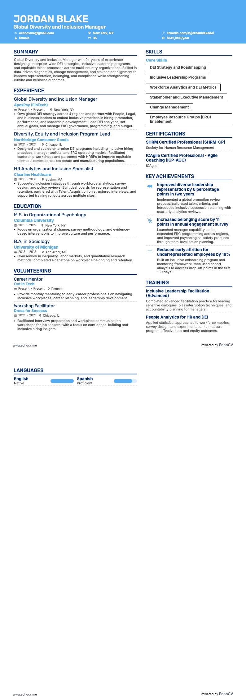 Global Diversity and Inclusion Manager example resume