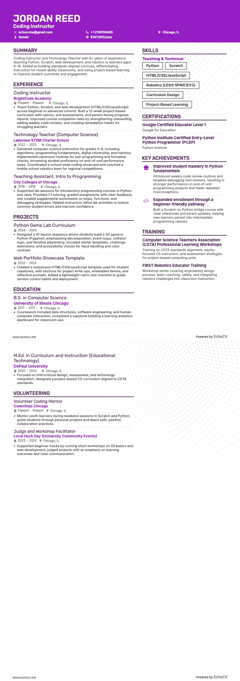 Coding Instructor example resume