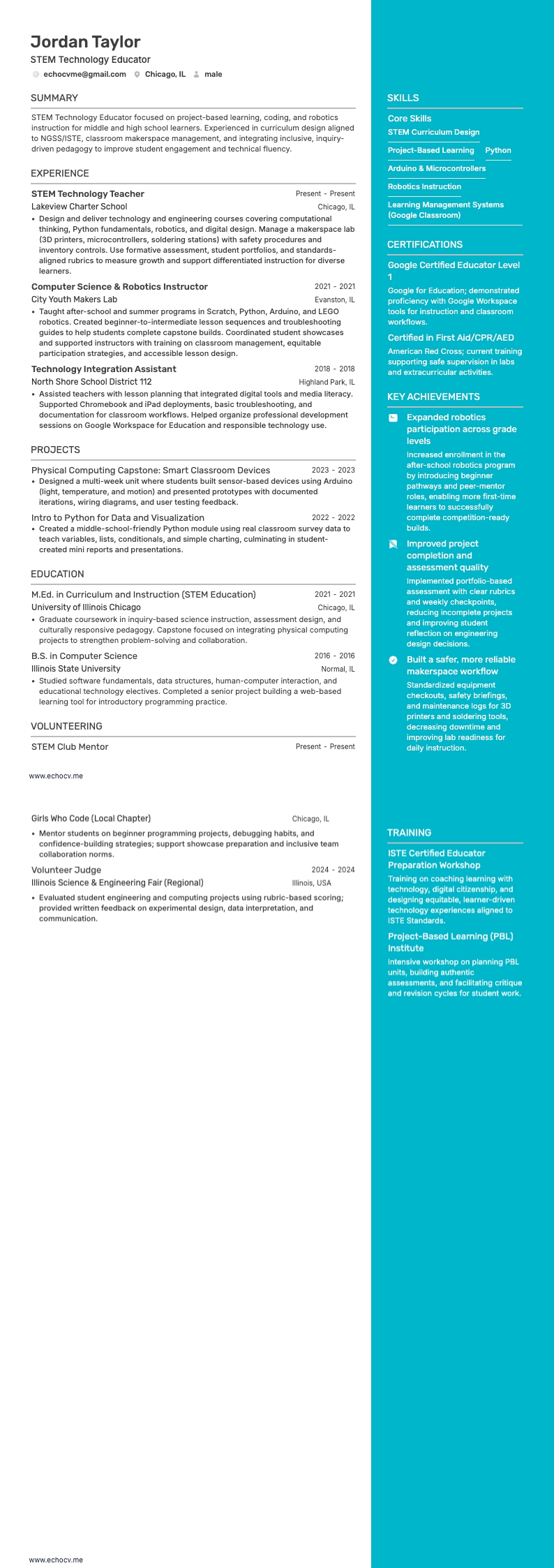 STEM Technology Educator example resume