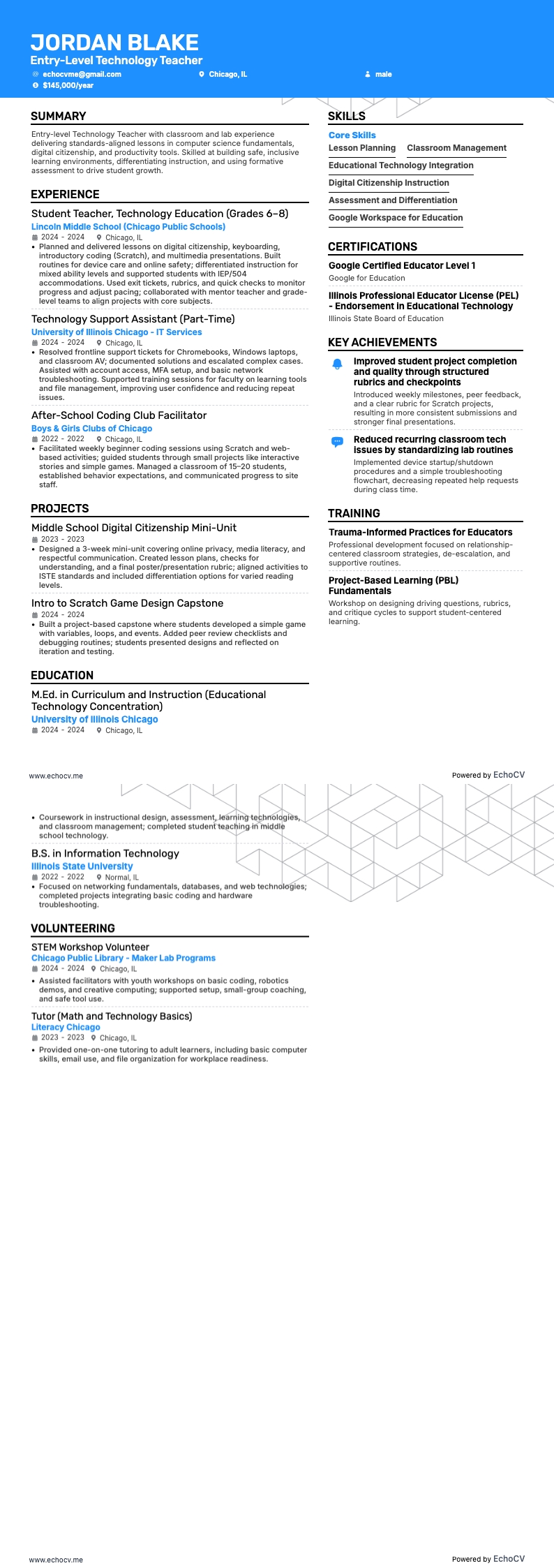 技術教師 resume example
