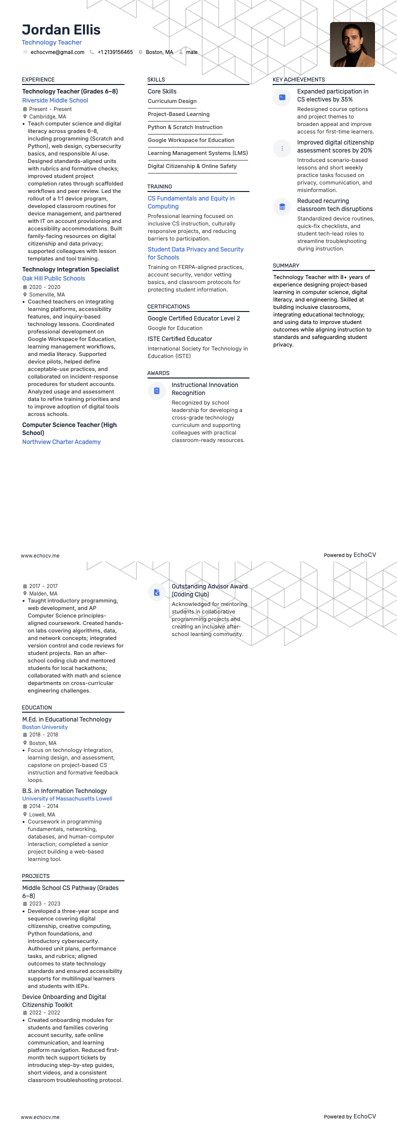 Professor de tecnologia resume example