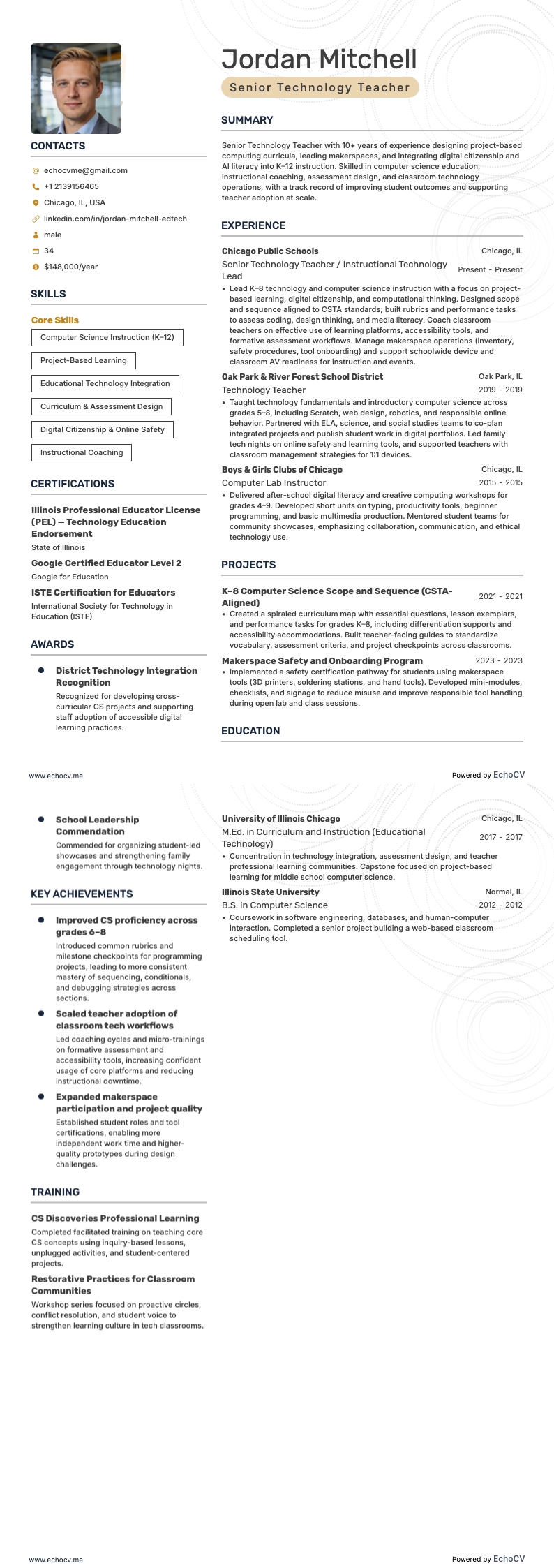 Technology Teacher resume example