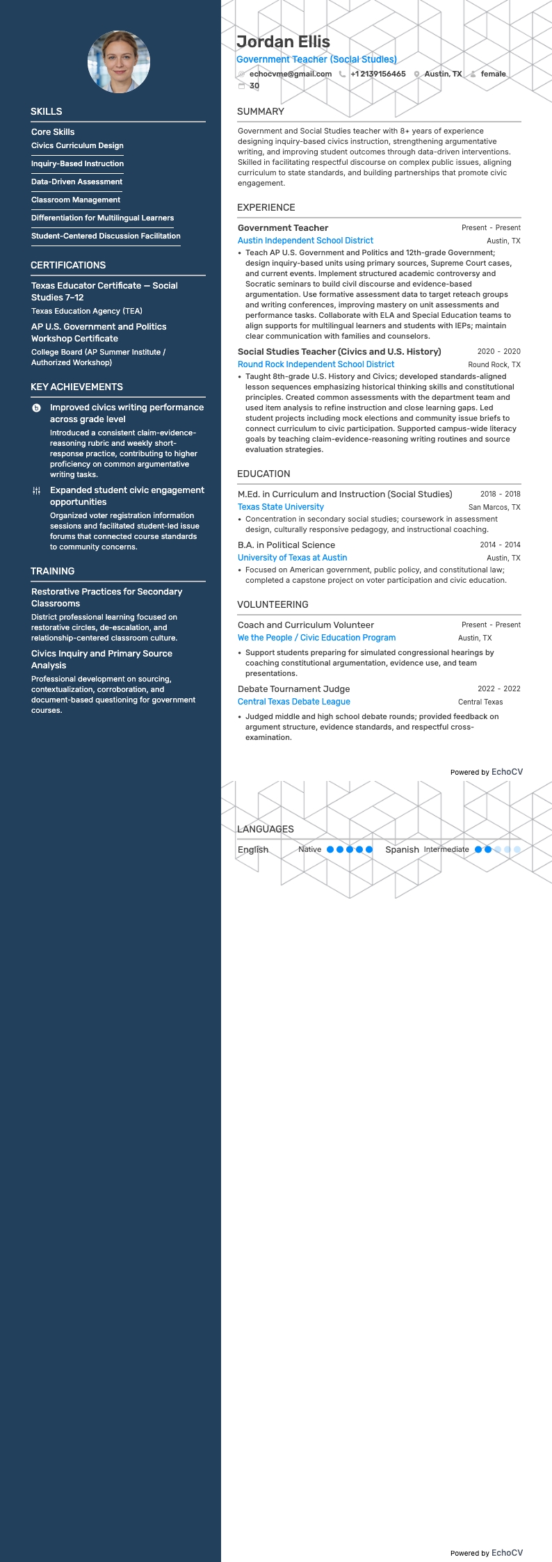Government Teacher example resume