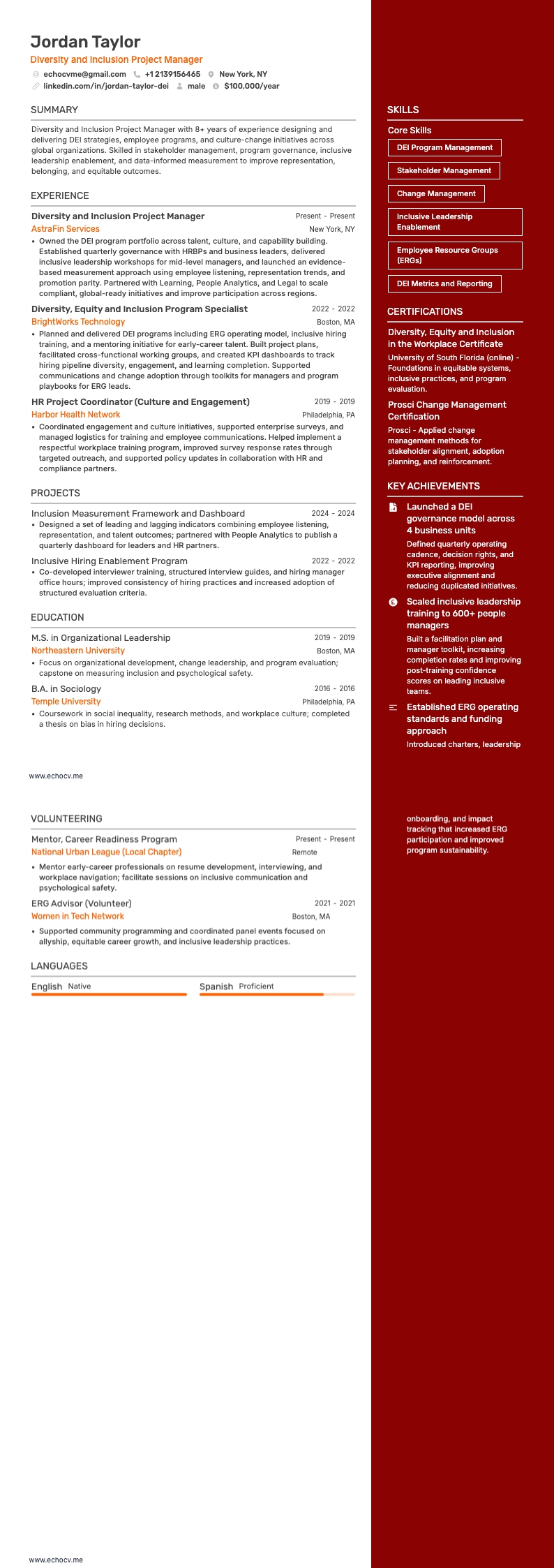 Diversity and Inclusion Project Manager example resume