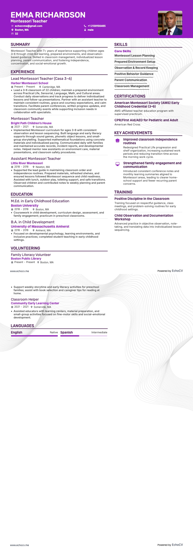 몬테소리 교사 example resume