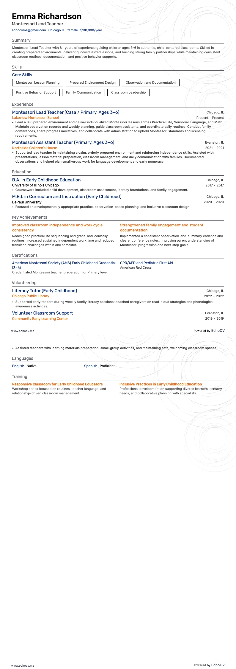 몬테소리 수석 교사 example resume