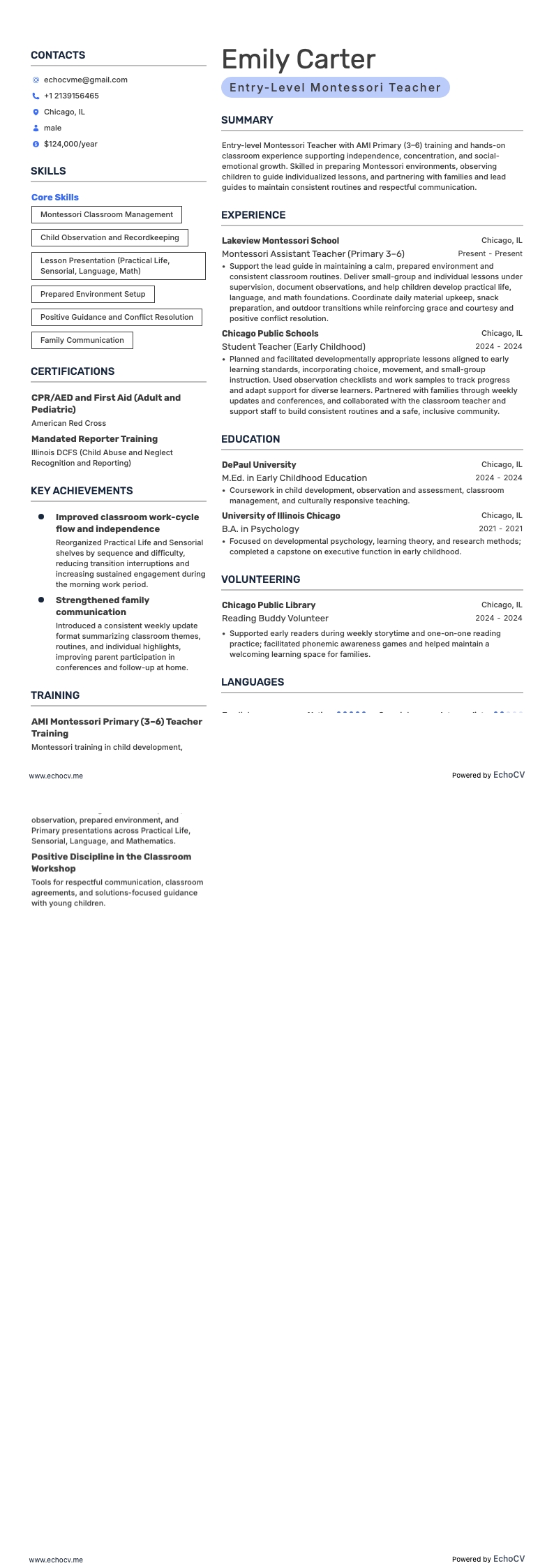 초급 몬테소리 교사 example resume