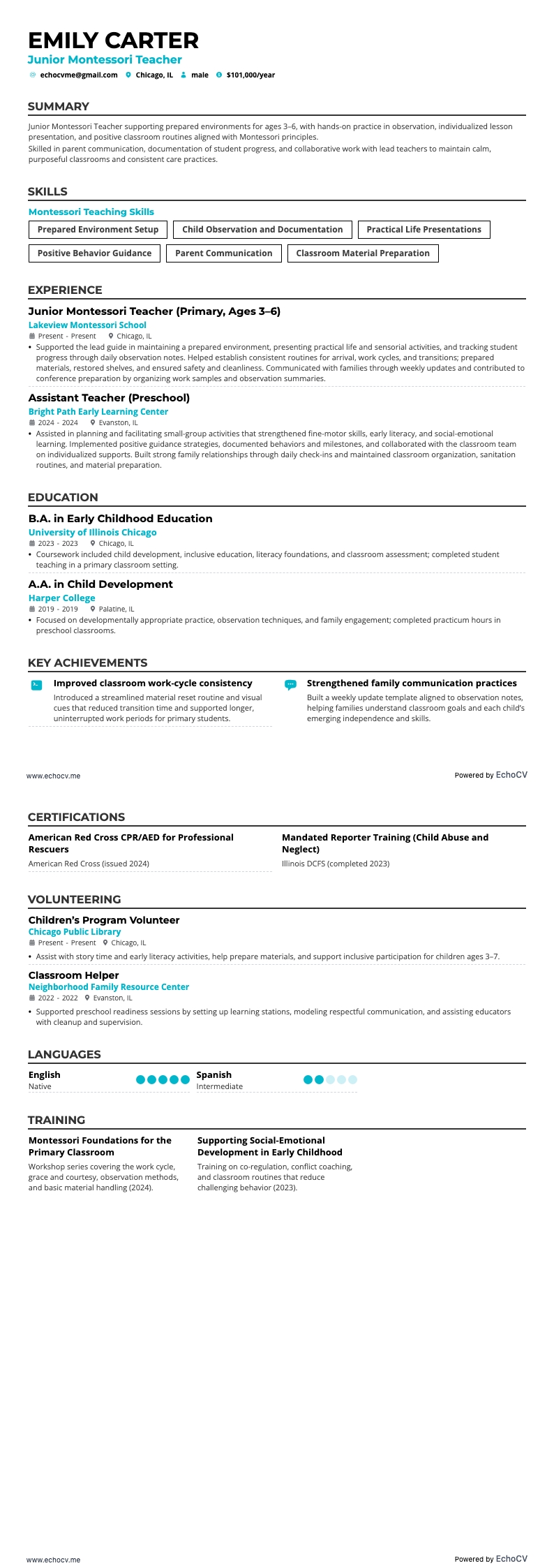 주니어 몬테소리 교사 example resume