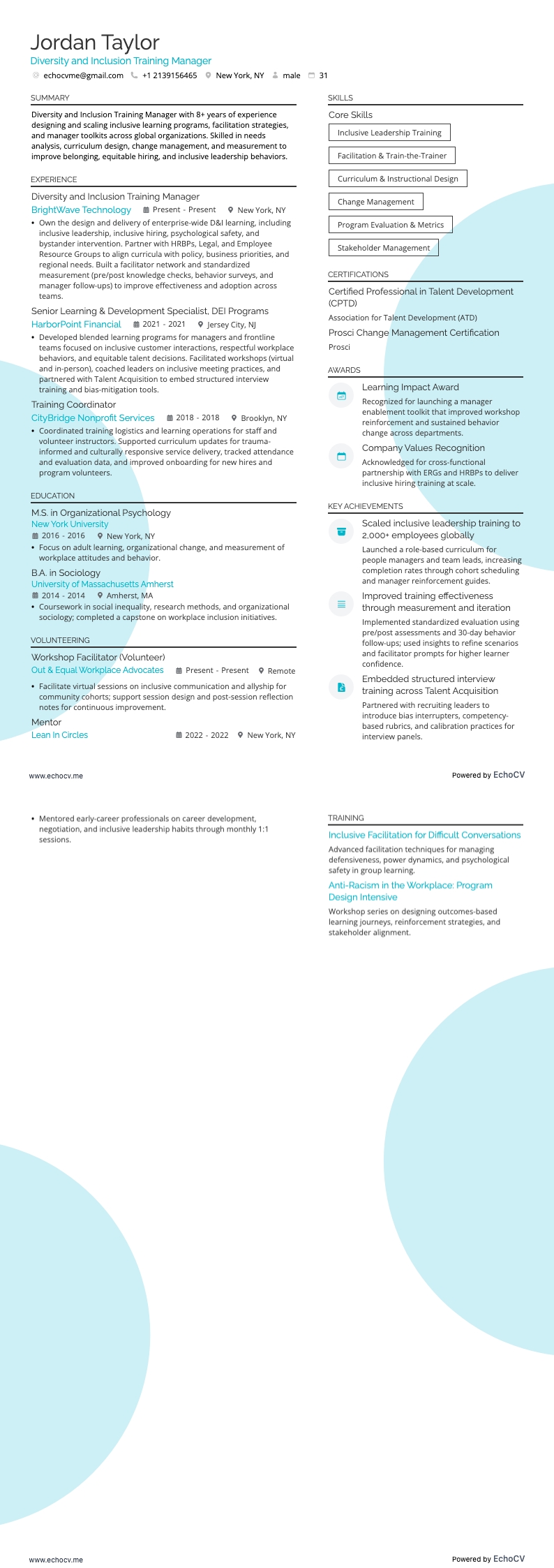 Diversity and Inclusion Training Manager example resume