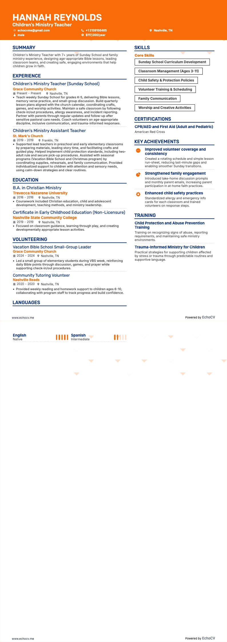 Children's Ministry Teacher example resume