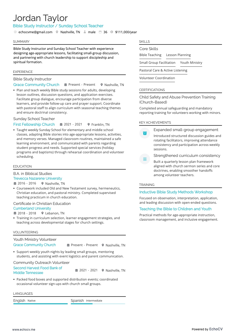 Bible Study Instructor example resume