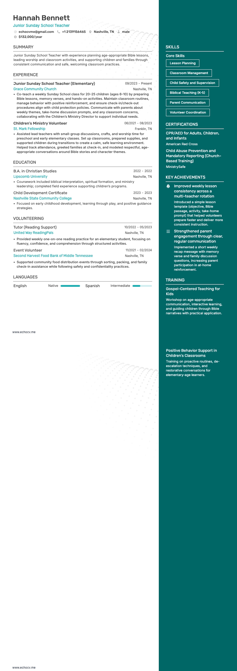 Junior Sunday School Teacher example resume