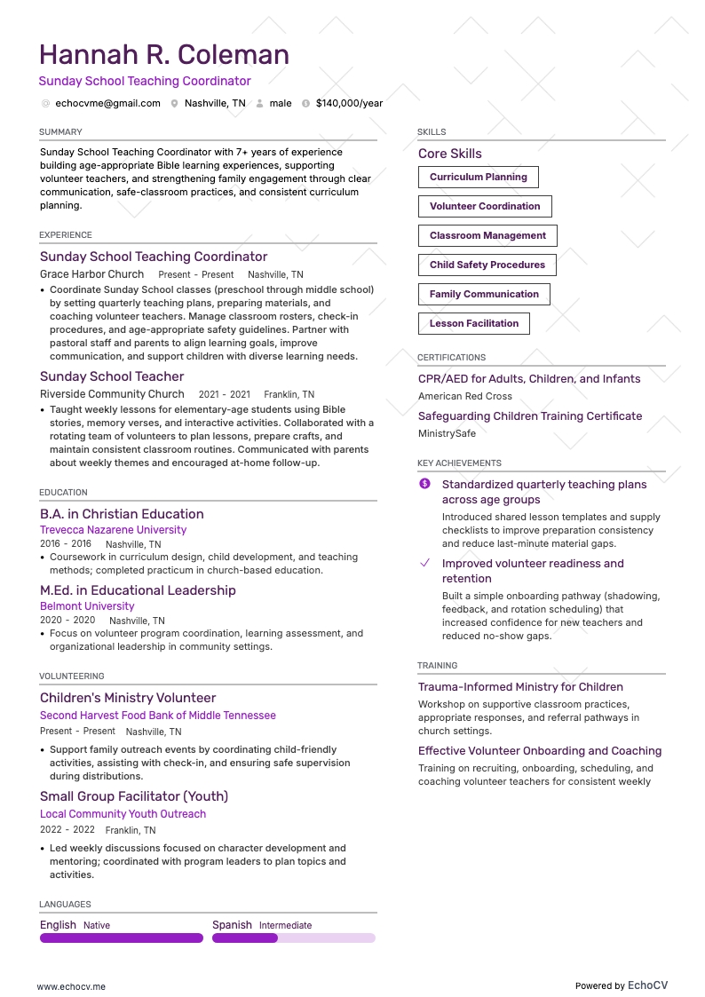 Sunday School Teacher resume example