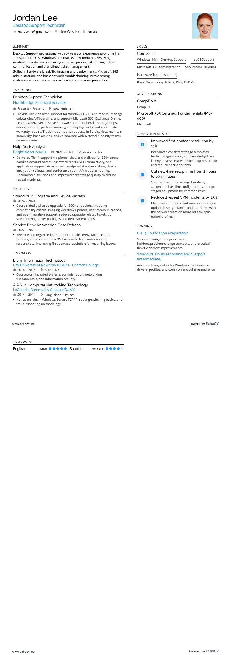 Helpdesk resume example