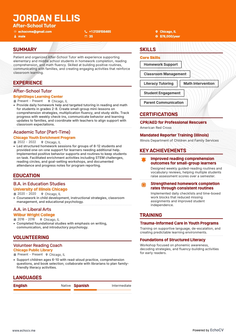 After-School Tutor example resume