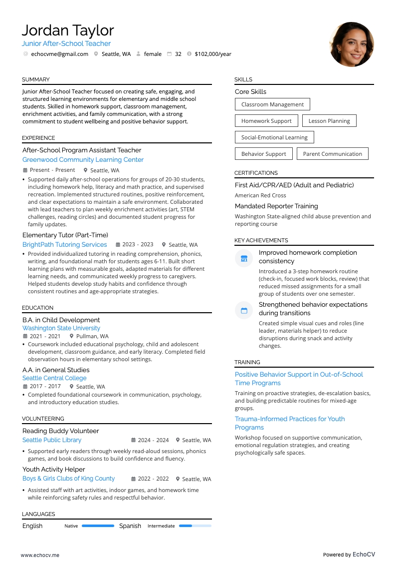 Junior After-School Teacher example resume