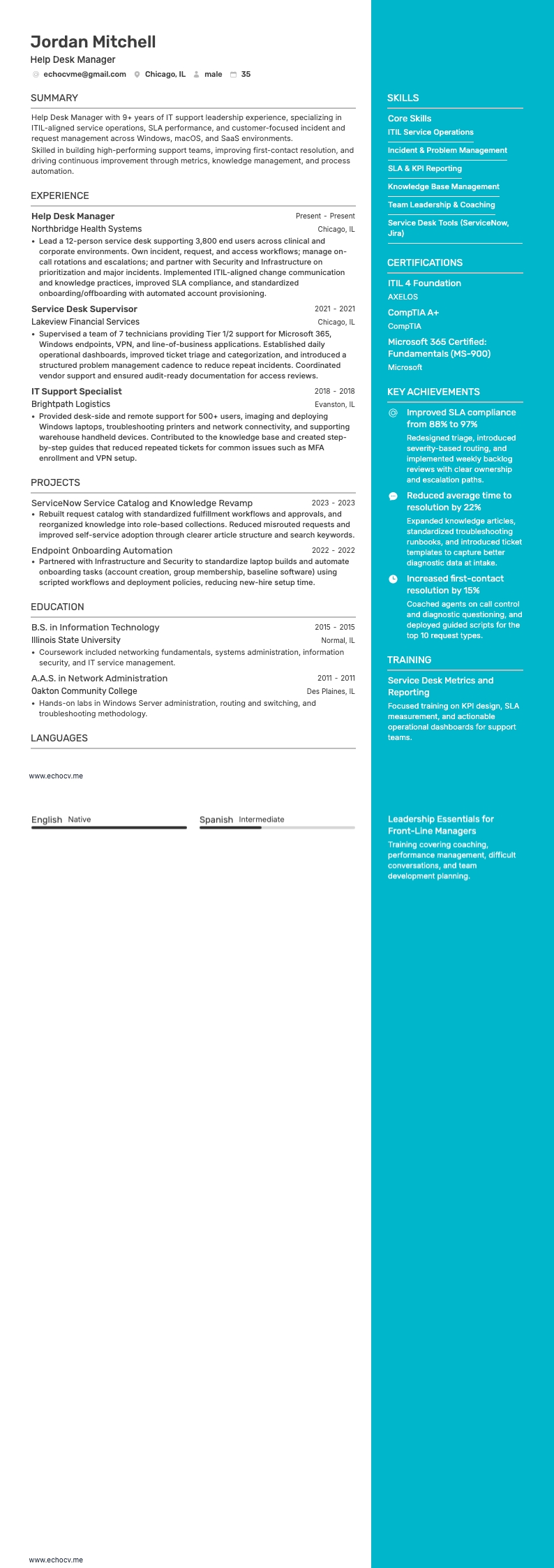 Gerente de help desk example resume