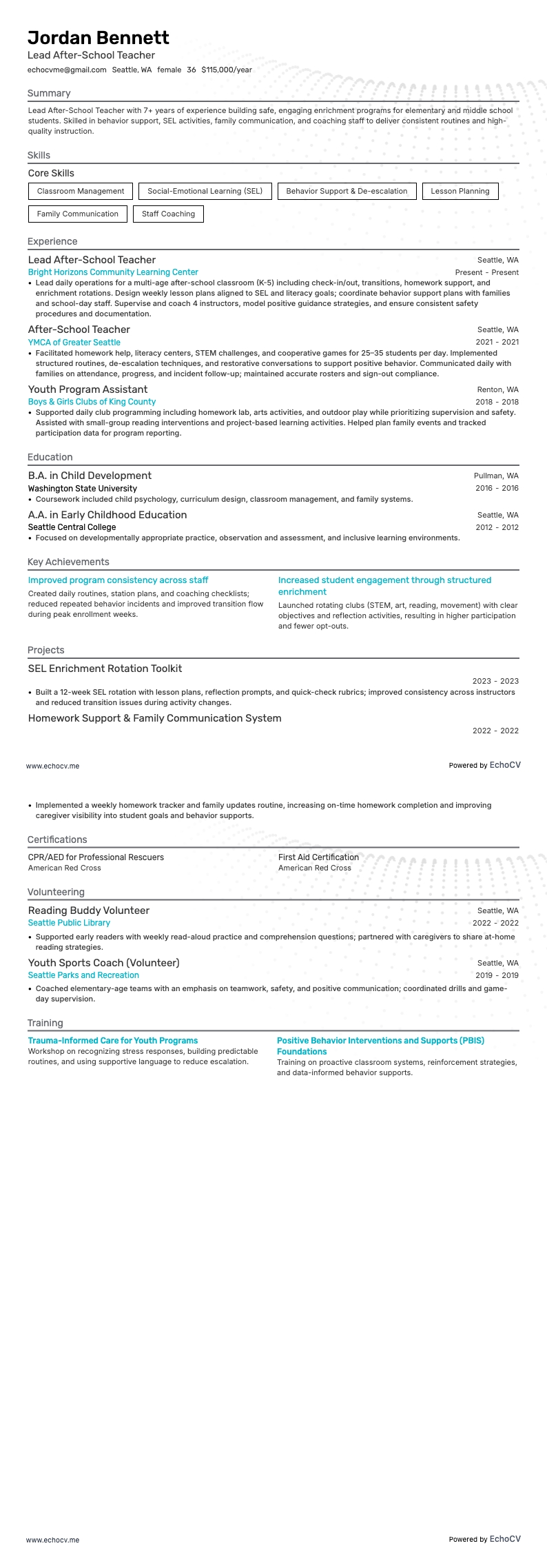 Lead After-School Teacher example resume