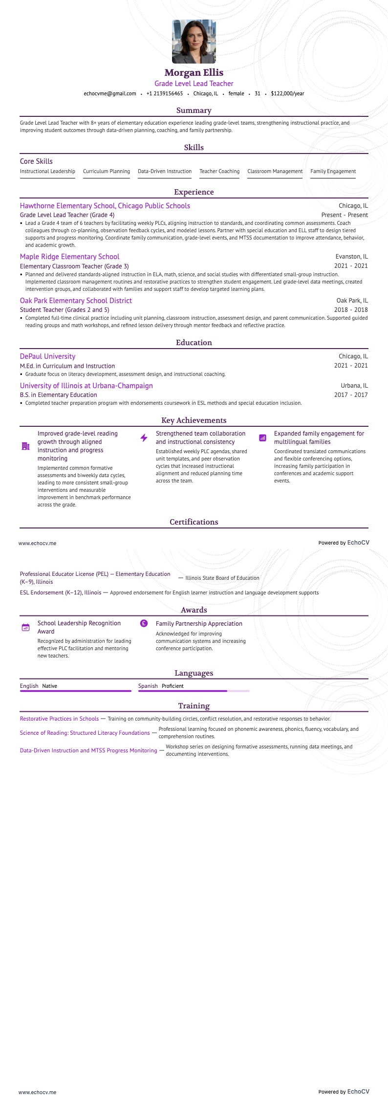 Lead Teacher resume example