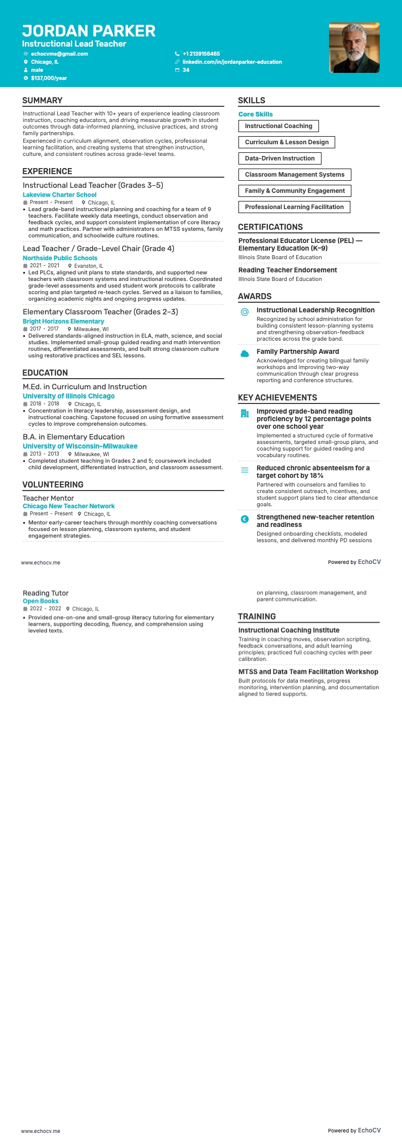 Instructional Lead Teacher example resume