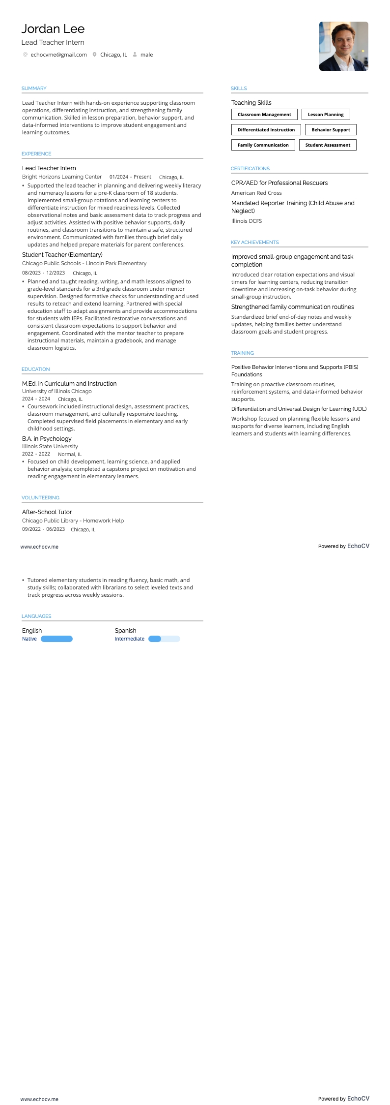 Leitende Lehrkraft resume example