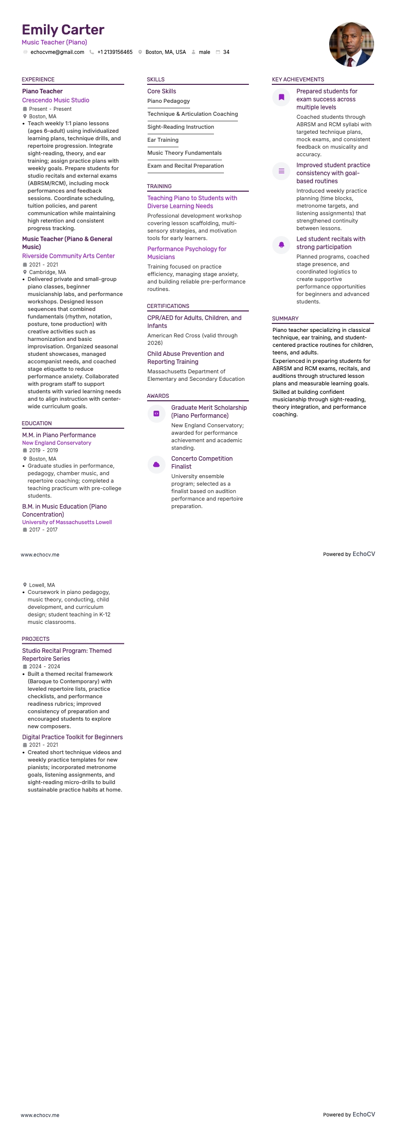 Pianoleraar resume example