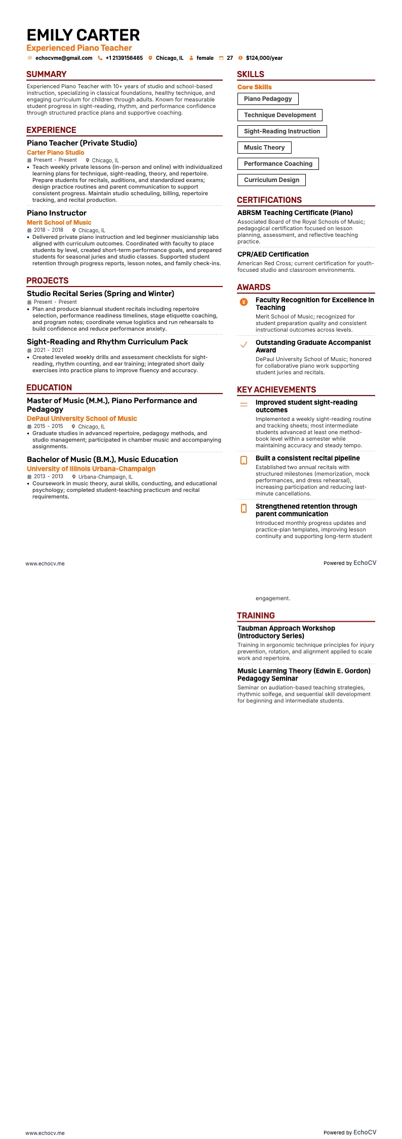 Ervaren pianoleraar example resume